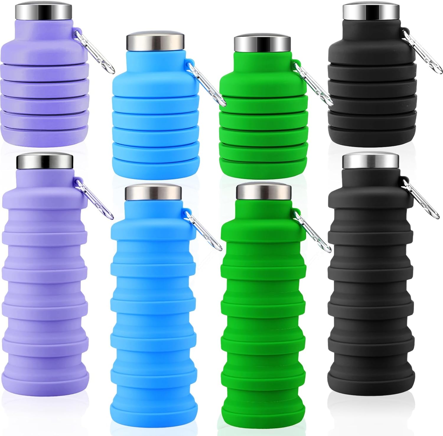 Lallisa 4 Pcs Collapsible Water Bottles 17 oz Reusable Silicone Foldable Travel Water Bottle Portable Leak Proof Sports Water Bottles for Gym Camping Hiking (Blue, Purple, Gray, Green)