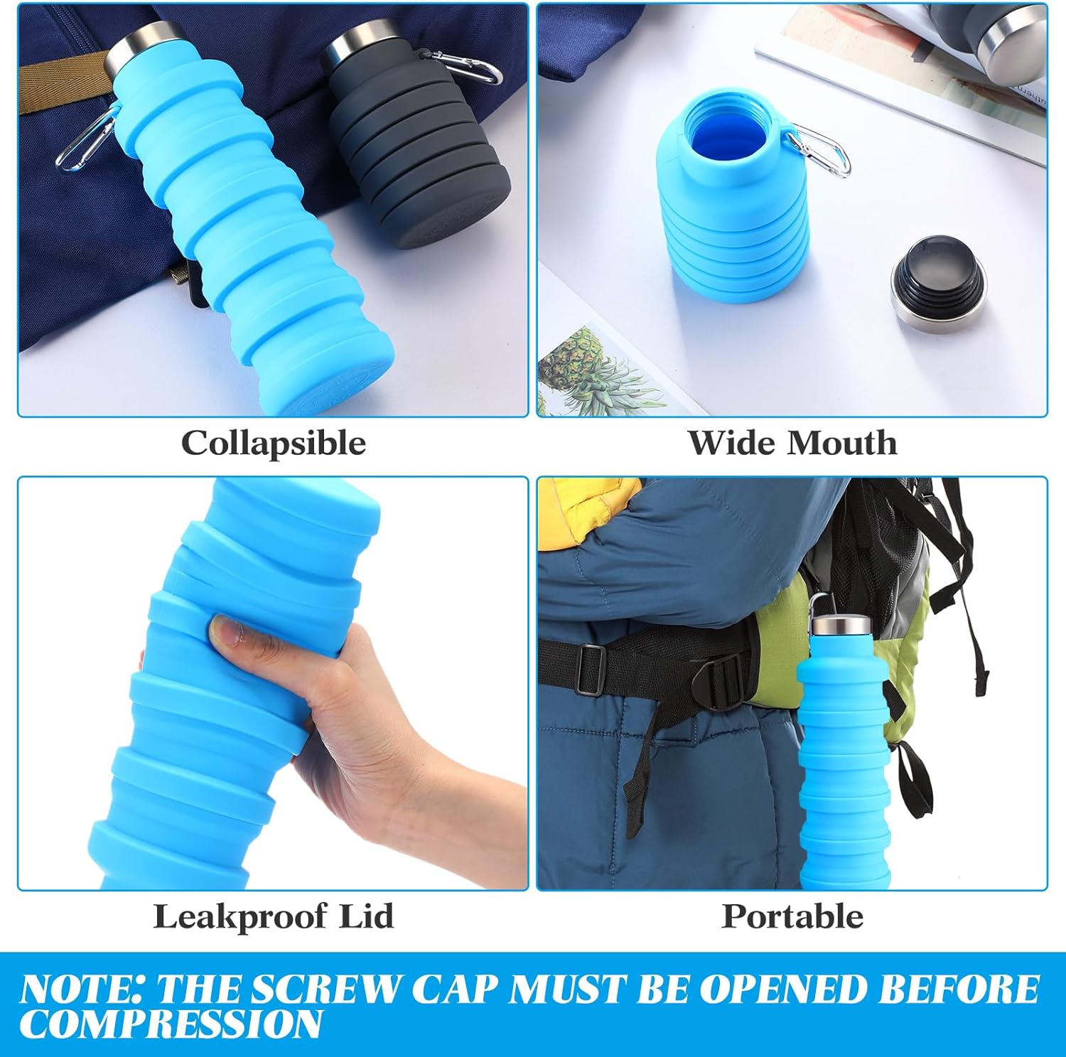 Lallisa 4 Pcs Collapsible Water Bottles 17 oz Reusable Silicone Foldable Travel Water Bottle Portable Leak Proof Sports Water Bottles for Gym Camping Hiking (Blue, Purple, Gray, Green) - Image 3
