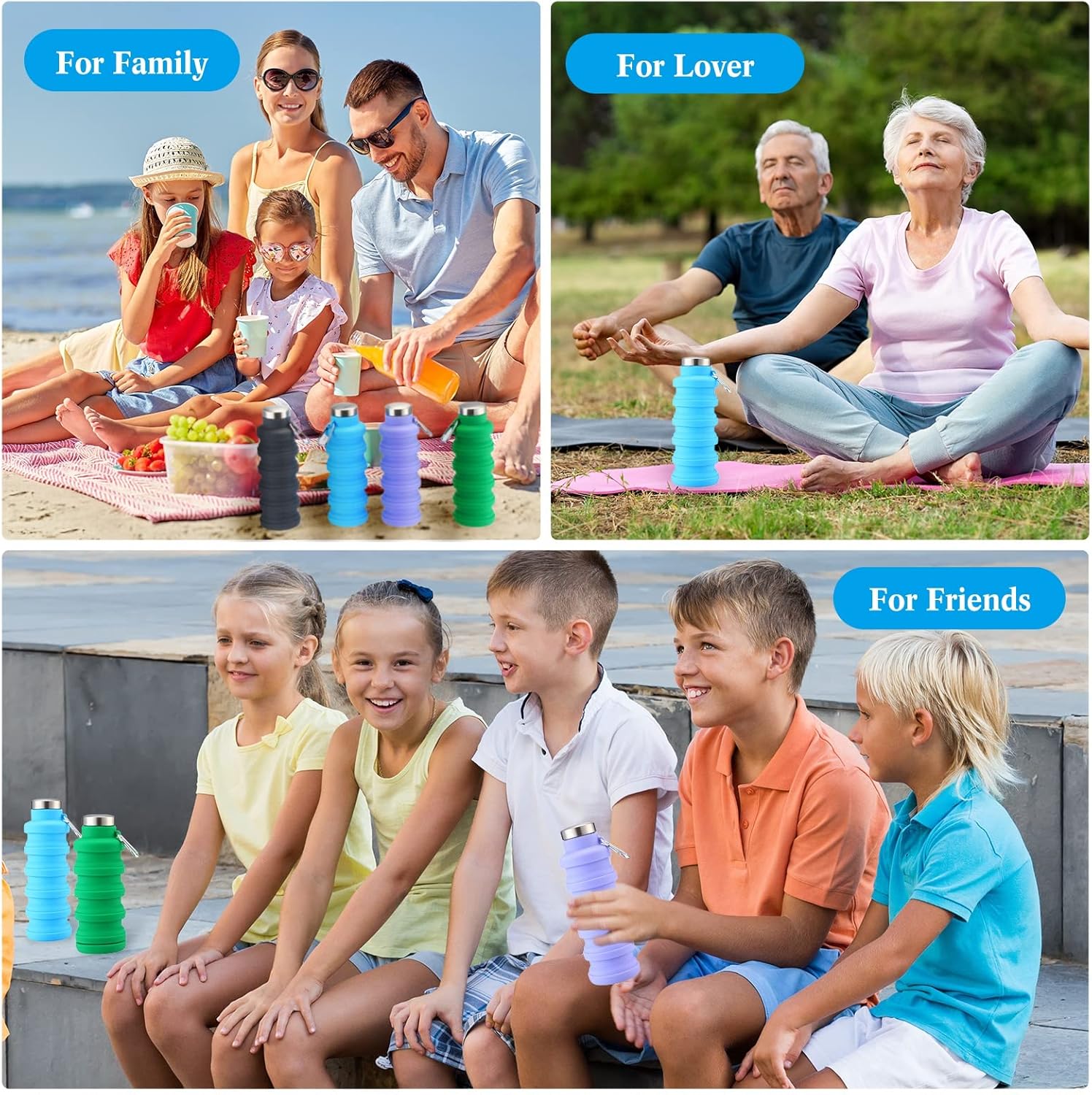 Lallisa 4 Pcs Collapsible Water Bottles 17 oz Reusable Silicone Foldable Travel Water Bottle Portable Leak Proof Sports Water Bottles for Gym Camping Hiking (Blue, Purple, Gray, Green) - Image 7