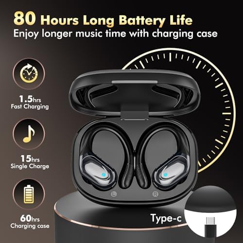 HAOYUYAN Wireless Earbuds, Sports Bluetooth Headphones, 80Hrs Playtime Ear Buds with LED Power Display, Noise Canceling Headset, IPX7 Waterproof Earphones for Workout/Running - Image 2