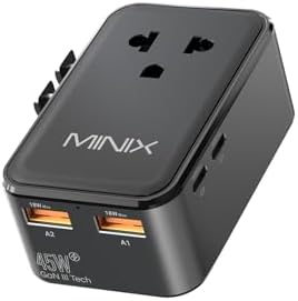 MINIX 45W Universal Travel Adapter, 5-Port Charger for Europe, US, UK & AU | GaN III International Power Adapter Slim PD Fast Charger (1AC, 2 USB-C, 2 USB-A) for Business Travel, Not a Voltage Converter