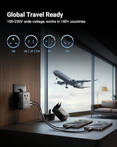 MINIX 45W Universal Travel Adapter, 5-Port Charger for Europe, US, UK & AU | GaN III International Power Adapter Slim PD Fast Charger (1AC, 2 USB-C, 2 USB-A) for Business Travel, Not a Voltage Converter - Image 2