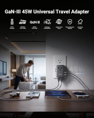 MINIX 45W Universal Travel Adapter, 5-Port Charger for Europe, US, UK & AU | GaN III International Power Adapter Slim PD Fast Charger (1AC, 2 USB-C, 2 USB-A) for Business Travel, Not a Voltage Converter - Image 3