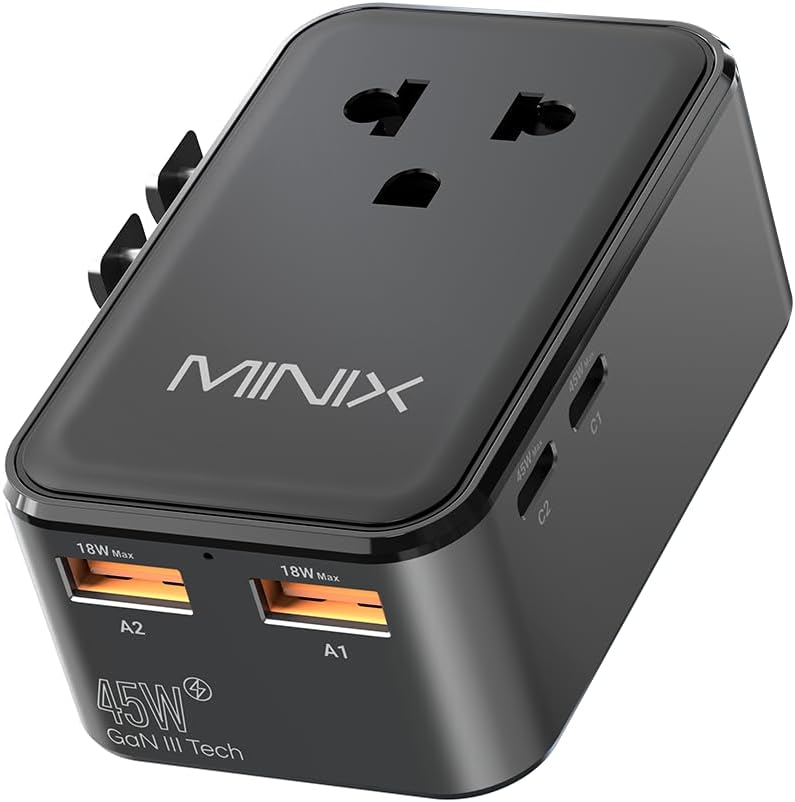 MINIX 45W Universal Travel Adapter, 5-Port Charger for Europe, US, UK & AU | GaN III International Power Adapter Slim PD Fast Charger (1AC, 2 USB-C, 2 USB-A) for Business Travel, Not a Voltage Converter - Image 8
